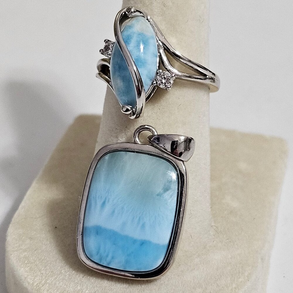 Natrual Larimer Ring and Necklace Pendant 925 Sterling Silver